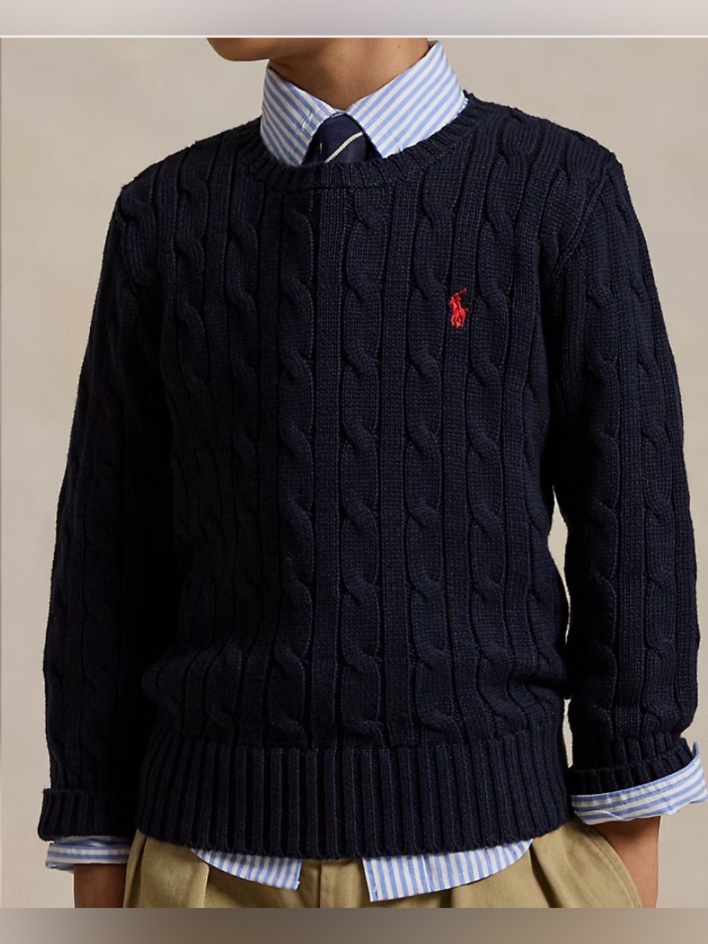 POLO Ralph Lauren Navy Cable Knit Crew Neck Sweater - 4/4T